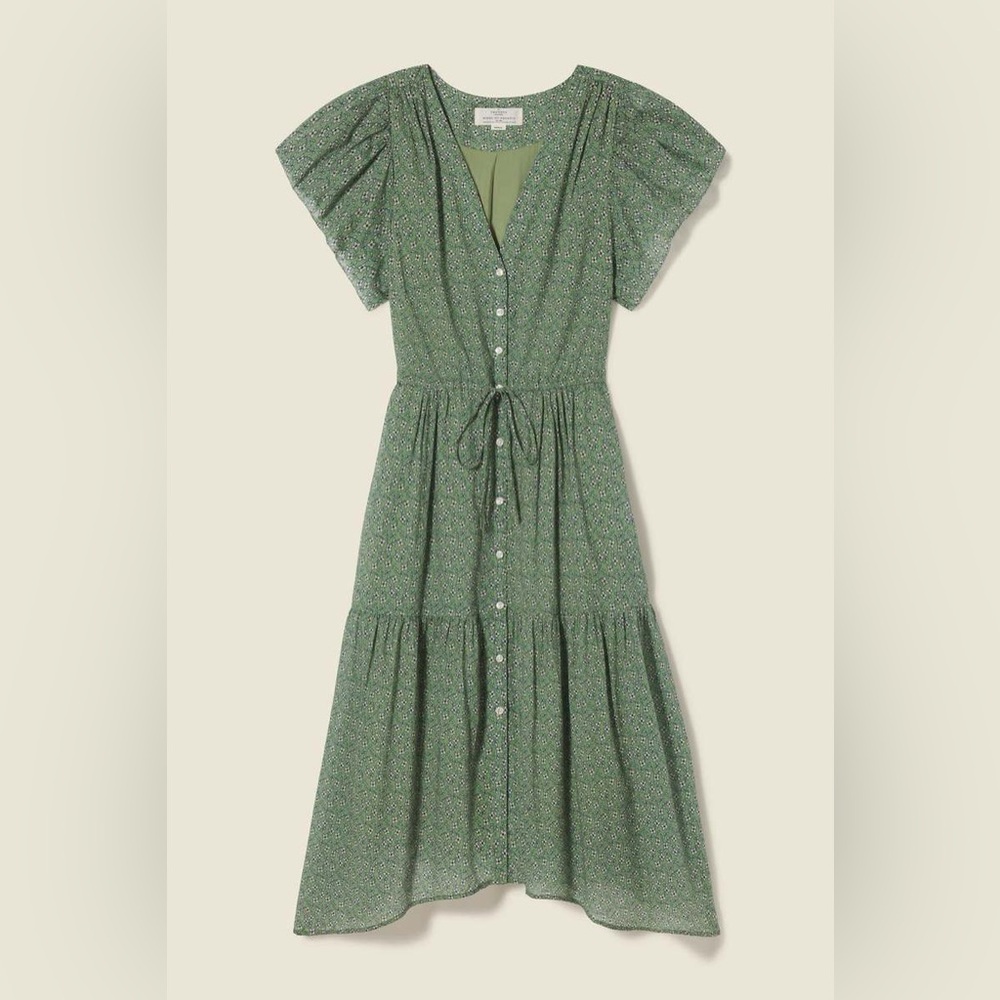 Birds of Paradise Kristi Floral Green Drawstring Waist Cotton Midi Dress Medium